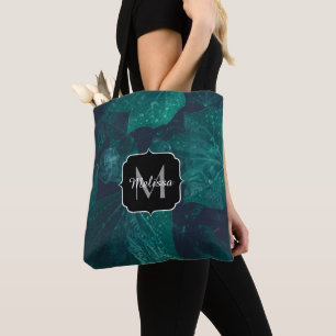 Dark emerald green ivy leaves water drops Monogram Tote Bag