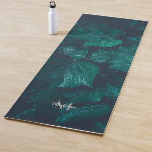 Dark emerald green ivy leaves water drops Monogram Yoga Mat