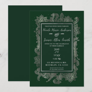 Dark Emerald Green & Silver Elegant Floral Wedding Invitation