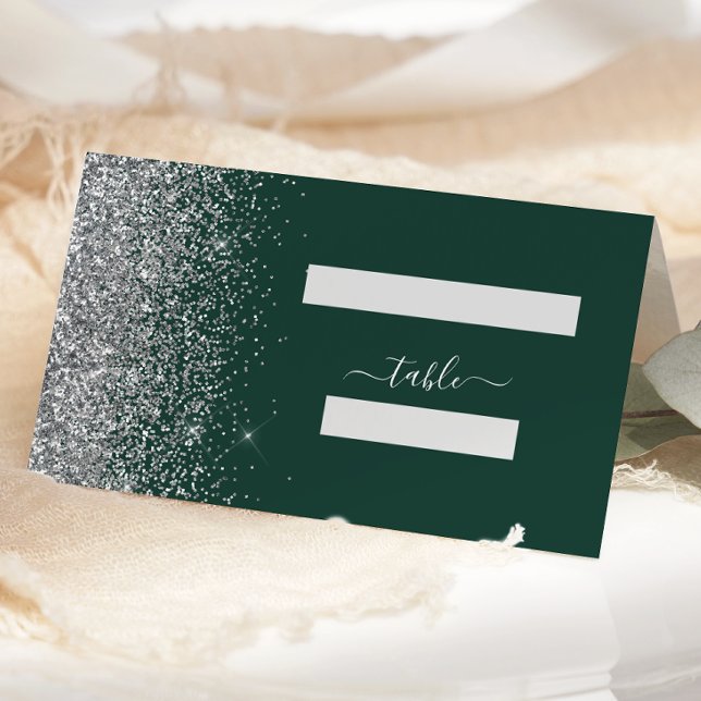 Dark Emerald Green Silver Glitter Edge Wedding Place Card (Creator Uploaded)