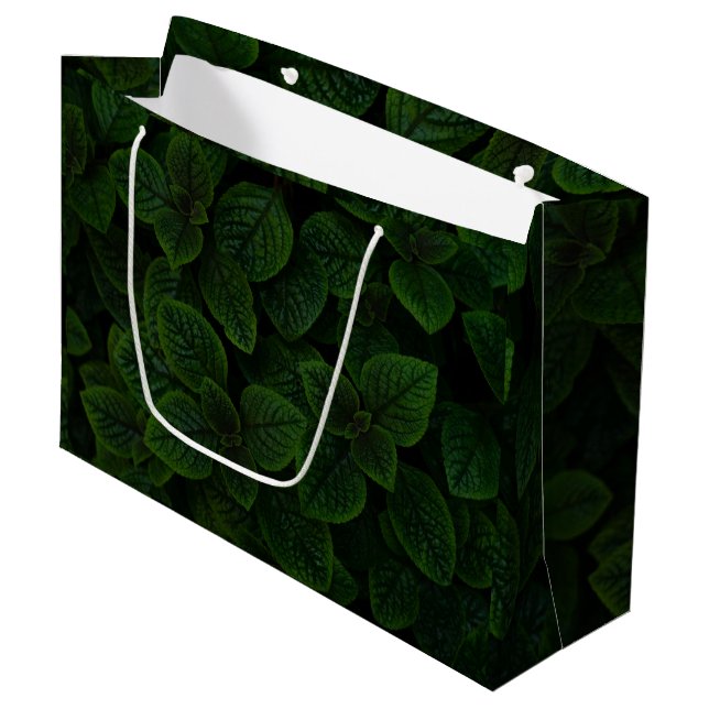Dark Emerald Green Textured Leaves Pattern Large Gift Bag (Front Angled)