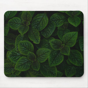 Dark Emerald Green Textured Leaves Pattern Mouse Pad