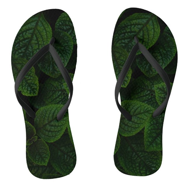 Dark Emerald Green Textured Leaves Pattern Thongs (Footbed)