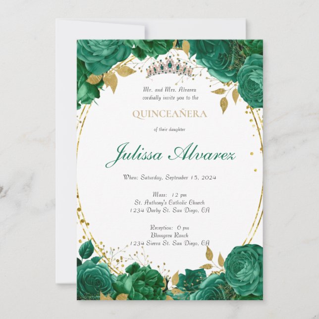 Dark Emerald Green Tiara Quinceanera Invitation (Front)