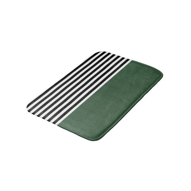 Dark Emerald Green With Black and White Stripes Bath Mat (Angled)