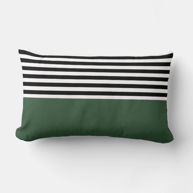 Dark Emerald Green With Black and White Stripes Lumbar Cushion (Front)
