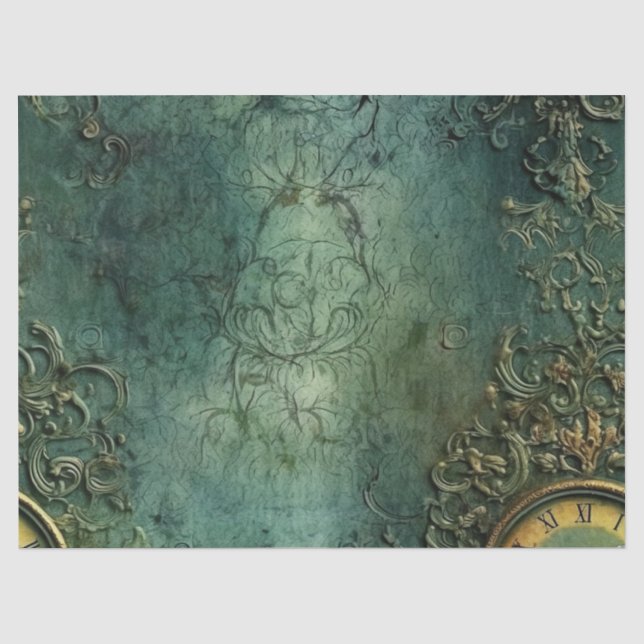 Dark Emerald Vintage Steampunk Clock Tissue Paper (Front)