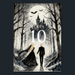 Dark Enchanted Gothic Spooky Wedding Couple Forest Table Number<br><div class="desc">Dark Enchanted Gothic Spooky Wedding Couple Forest and Haunted Castle Table Numbers. These table cards evoke a magical and mysterious atmosphere, where a wedding couple walks through an enchanted forest leading to a gothic castle. The design combines romantic charm with a spooky touch, perfect for Halloween-inspired weddings or gothic-style celebrations....</div>