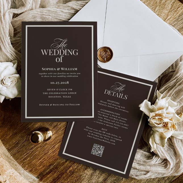 Dark Espresso Brown | Luxe RSVP QR Code Wedding Invitation (Creator Uploaded)