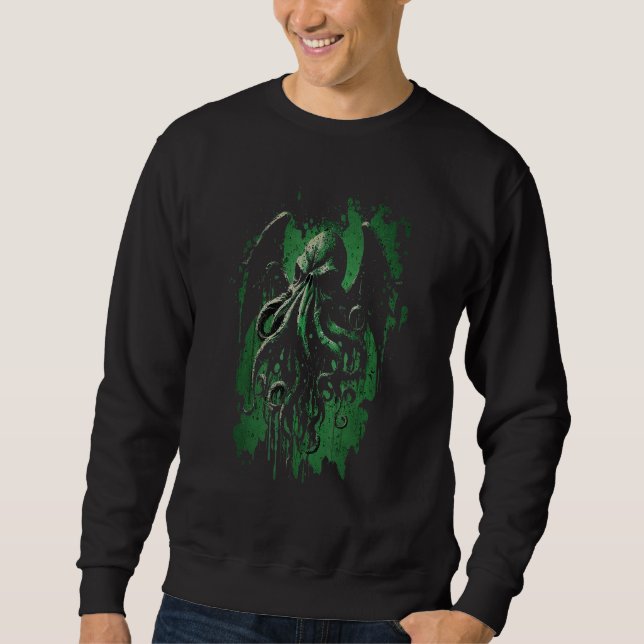 Dark Evil Distressed Cthulhu Squid Octopus God Sea Sweatshirt (Front)