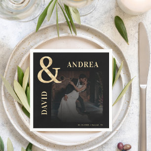 Dark Faded Photo & Gold Ampersand Black Wedding Napkin