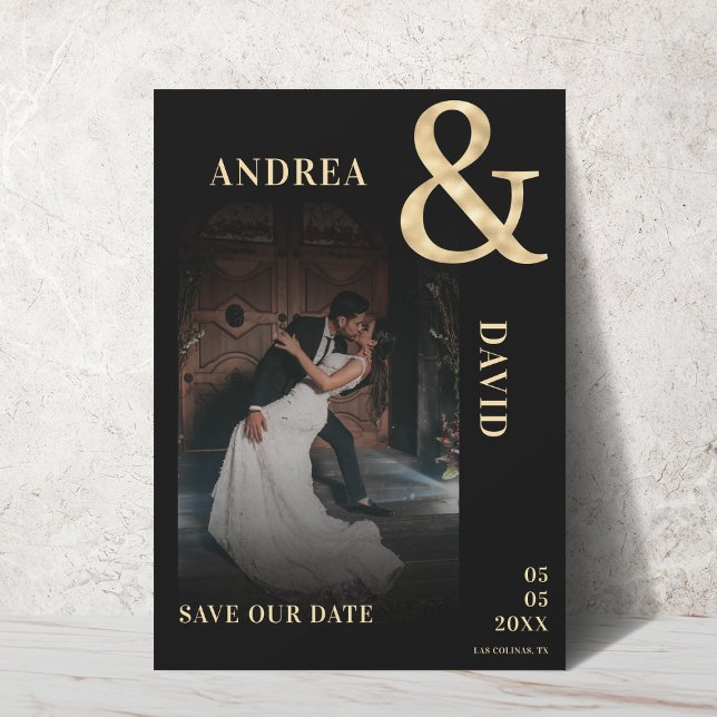 Dark Faded Photo & Gold Ampersand Black Wedding    Save The Date (Creator Uploaded)