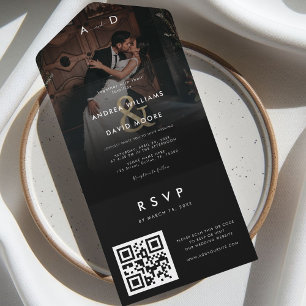 Dark Faded Photo Gold Ampersand & QR Code Wedding All In One Invitation