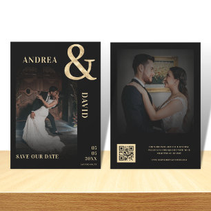 Dark Faded Photo Gold Ampersand QR Code Wedding Save The Date