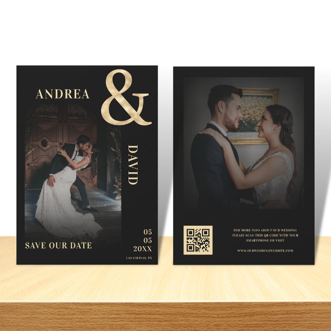 Dark Faded Photo Gold Ampersand QR Code Wedding    Save The Date (Creator Uploaded)