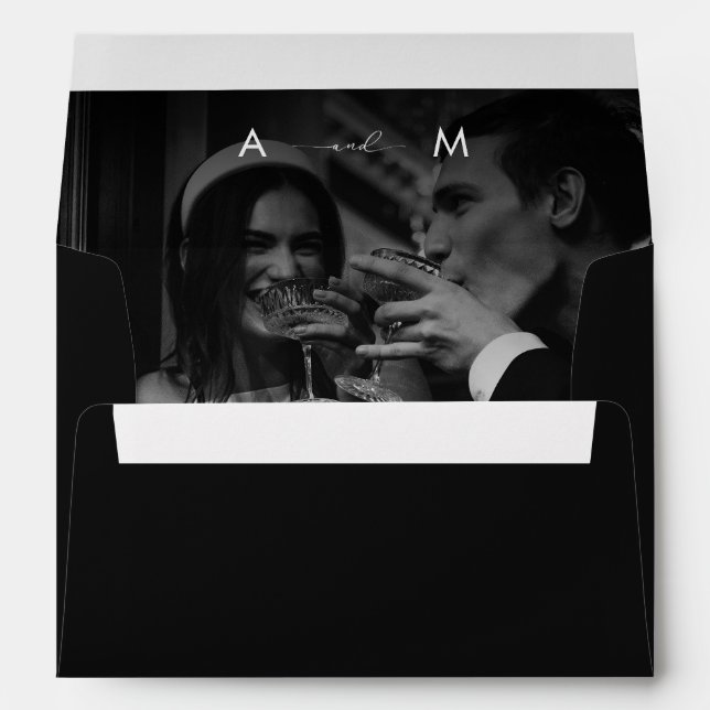 DARK & FADED PHOTO Monogram Elegant Black Wedding Envelope (Back (Bottom))