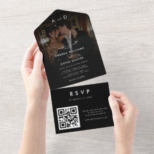 Dark Faded Photo Old Money Luxury QR Code Wedding All In One Invitation