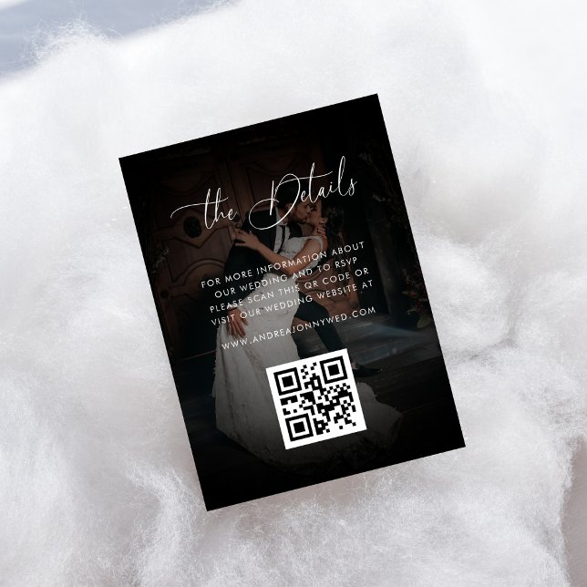 Dark Faded Photo QR Code Black Wedding Details    Enclosure Card (Creator Uploaded)