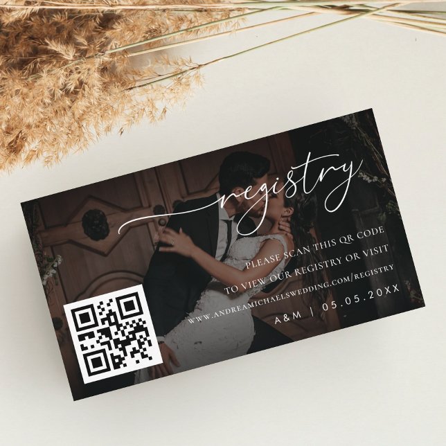 Dark Faded Photo Qr Code Wedding Gift Registry Enclosure Card (Creator Uploaded)