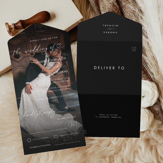 Dark Faded Photo Romantic Heart Script Wedding All In One Invitation (Creator Uploaded)