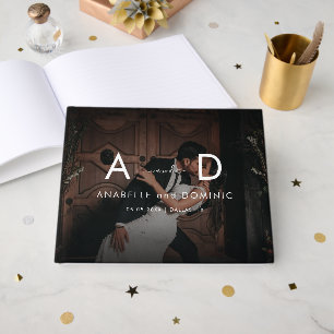 Dark Fading Photo & Monogram Elegant Black Wedding Guest Book