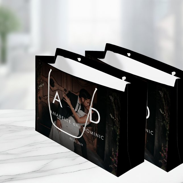 Dark Fading Photo & Monogram Elegant Black Wedding Large Gift Bag (Creator Uploaded)