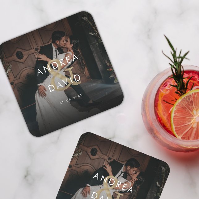 Dark Fading Photo & Monogram Elegant Black Wedding Square Paper Coaster (Creator Uploaded)