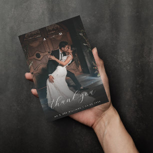 Dark Fading Photo & Monogram Elegant Black Wedding Thank You Card