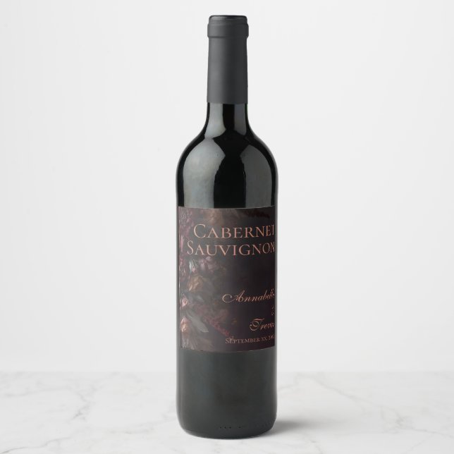 Dark Fall Burgundy Floral Wedding Custom Name Wine Label (Front)