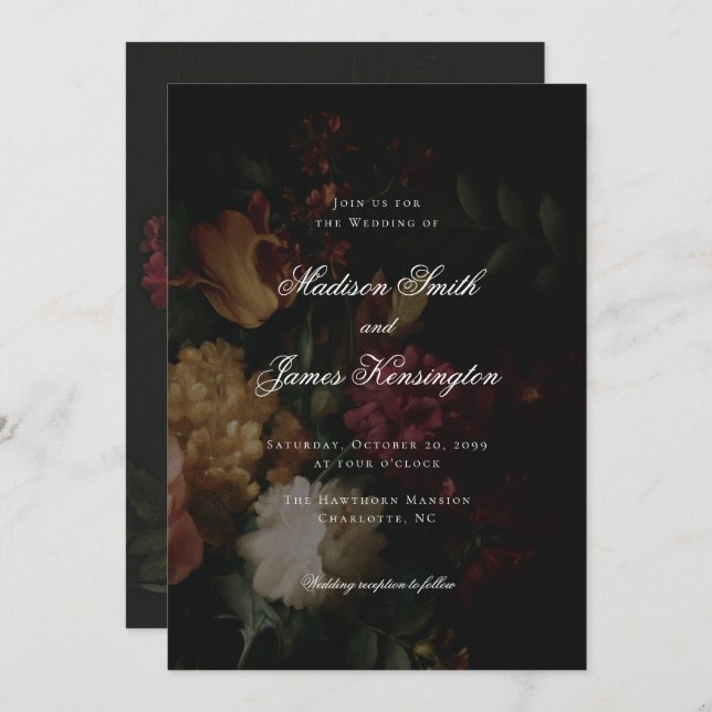 Dark Fall Flowers Calligraphy Black Wedding Invitation (Front/Back)