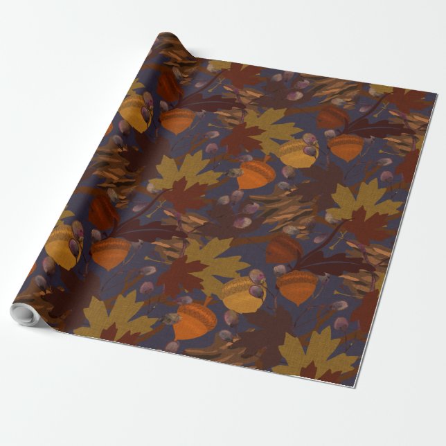 Dark Fall Leaves Acorns Branches Wrapping Paper (Unrolled)