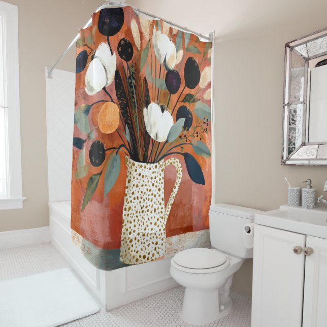 Dark Fall Sprigs Speckled Pitcher Shower Curtain (In Situ)