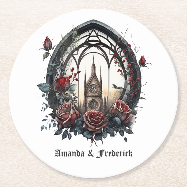 Dark Fantasy Castle Window Gothic Wedding Round Paper Coaster (Front)