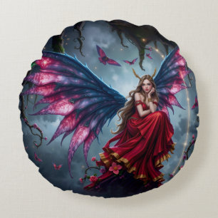 Dark Fantasy Fairy Queen with Butterfly Wings Round Cushion