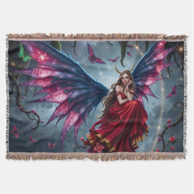 Dark Fantasy Fairy Queen with Butterfly Wings Throw Blanket (Front)