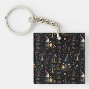 Dark Fantasy Gnome and Mushroom Pattern Key Ring