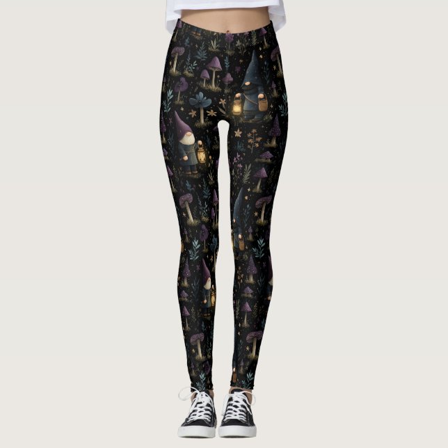 Dark Fantasy Gnome and Mushroom Pattern Leggings (Front)