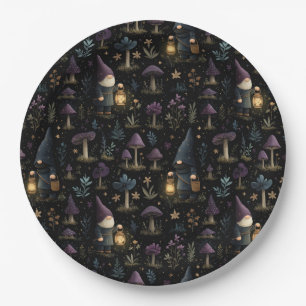 Dark Fantasy Gnome and Mushroom Pattern Paper Plate