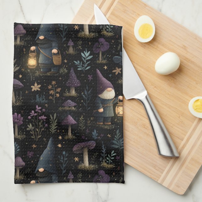 Dark Fantasy Gnome and Mushroom Pattern Tea Towel (Quarter Fold)