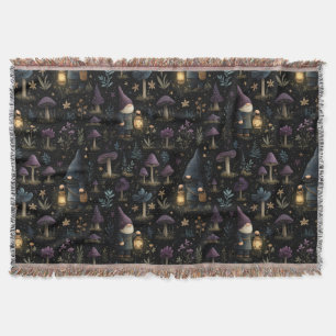 Dark Fantasy Gnome and Mushroom Pattern Throw Blanket