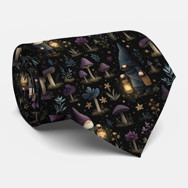 Dark Fantasy Gnome and Mushroom Pattern Tie (Rolled)