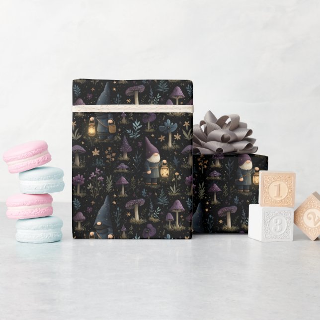 Dark Fantasy Gnome and Mushroom Pattern Wrapping Paper (Baby Shower)
