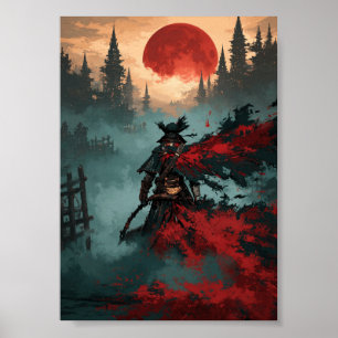 Dark Fantasy Hunter with Scythe and Red Moon Poster