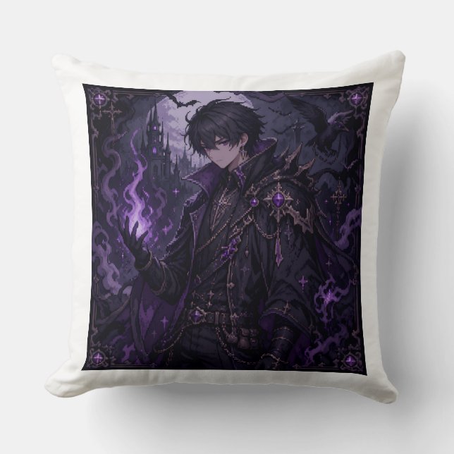 Dark Fantasy Pixel Sorcerer Boy Cushion (Front)