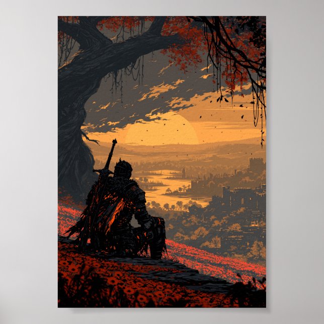 Dark Fantasy Resting Knight Overlooking Sunset Lan Poster (Front)