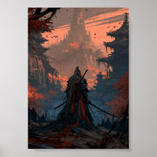 Dark Fantasy Samurai Traveller Facing a Distant Fo Poster