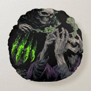Dark Fantasy Skeletal Reaper & Acid Green Energy  Round Cushion