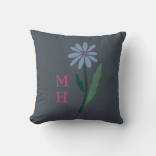 Dark Farmhouse Retro Blue Floral Monogram Gray Cushion