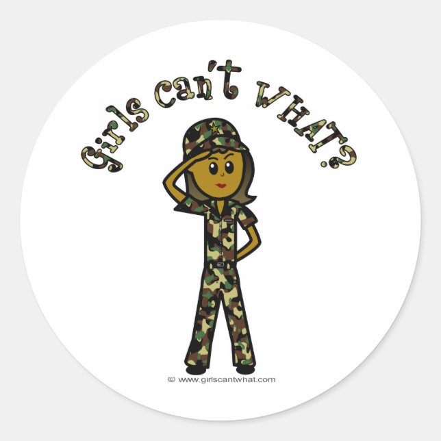Dark Female Army Girl Classic Round Sticker (Front)