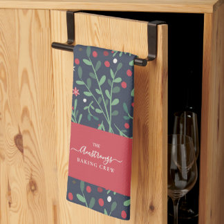 Dark Festive Family Name Christmas Pattern Tea Towel